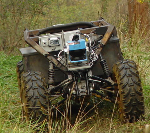 Sensors Insights 2 2017-09-22 Fig1 Fig 1: Looking at Carnegie Mellon University’s Groundhog, you can see a 2D LiDAR sensor (blue) and an infrared-illuminated camera (mounted above LiDAR). Groundhog was designed to explore, document, and map abandoned mines and so all of its sensors have to